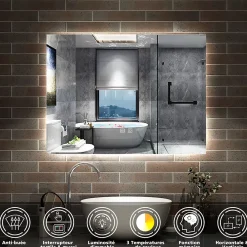 Miroir Lumineux|AICA Sanitaire Miroir de salle de bain rétro-éclairé sans cadre 90x70cm, Tricolore + Anti-buée + Mémoire + Dimmable,