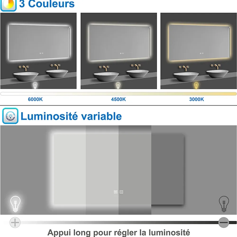 Miroir Lumineux|AICA Sanitaire Miroir de salle de bain rétro-éclairé sans cadre 90x70cm, Tricolore + Anti-buée + Mémoire + Dimmable,