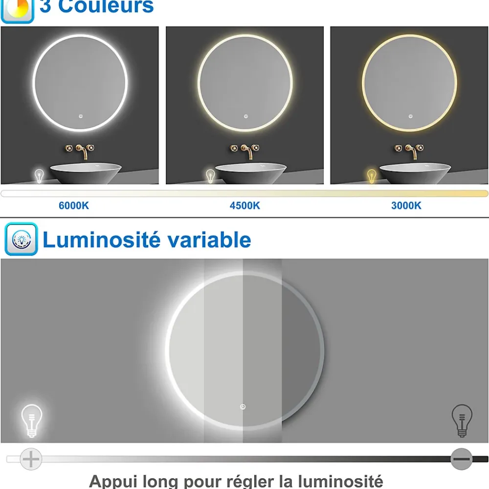 AICA Sanitaire Miroir de salle de bain rond 80x80cm LED tricolore anti-buée + mémoire + dimmable,