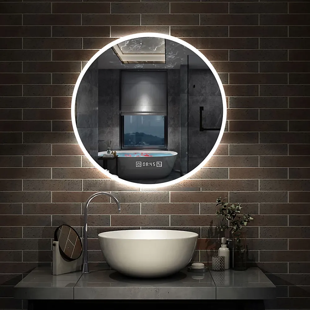 AICA Sanitaire Miroir de salle de bain rond 60x60cm avec Horloge, LED, Tricolore, Anti-Buée,