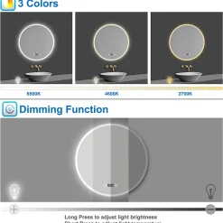 AICA Sanitaire Miroir de salle de bain rond 60x60cm avec Horloge, LED, Tricolore, Anti-Buée,