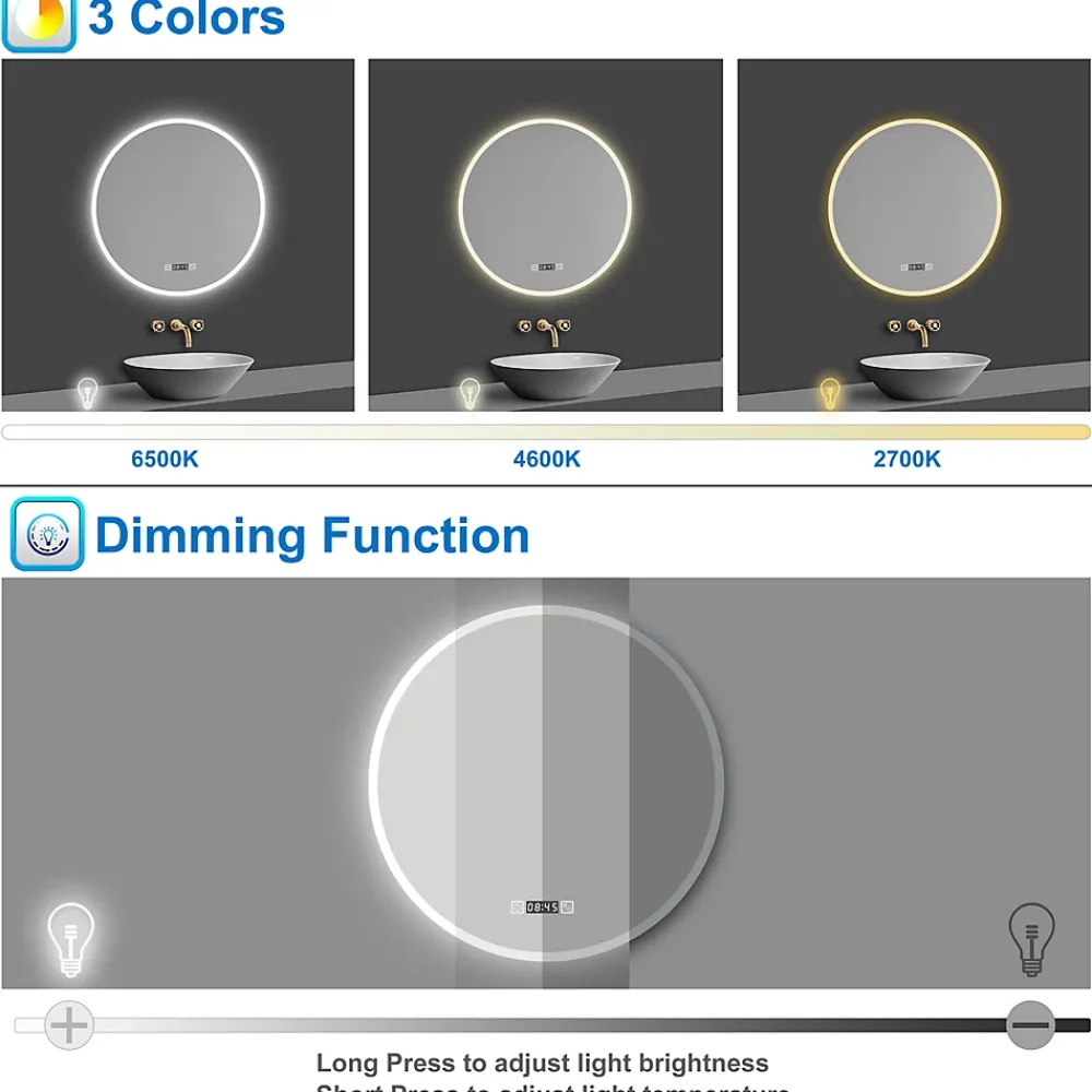 AICA Sanitaire Miroir de salle de bain rond 60x60cm avec Horloge, LED, Tricolore, Anti-Buée,