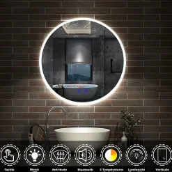 AICA Sanitaire Miroir de salle de bain simple Bluetooth LED rond tricolore tactile avec anti-buée 60cm,