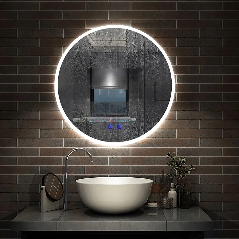 AICA Sanitaire Miroir de salle de bain simple Bluetooth LED rond tricolore tactile avec anti-buée 60cm,