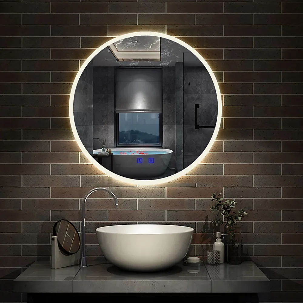AICA Sanitaire Miroir de salle de bain simple Bluetooth LED rond tricolore tactile avec anti-buée 60cm,