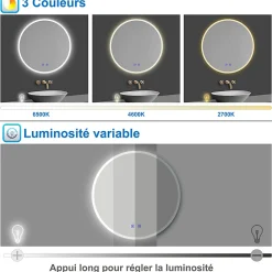 AICA Sanitaire Miroir de salle de bain simple Bluetooth LED rond tricolore tactile avec anti-buée 60cm,
