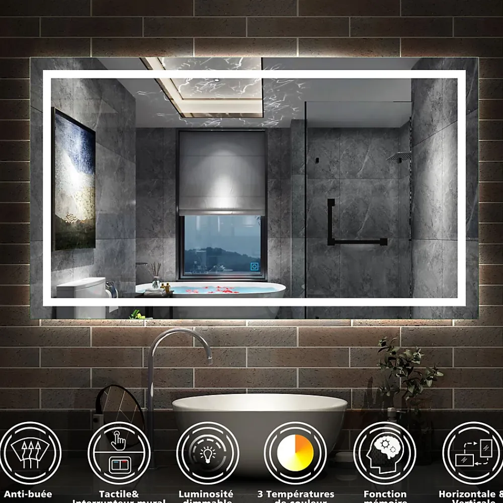 AICA Sanitaire Miroir de salle de bain 140x80cm Tri-color anti-buée LED avec mémoire et lumière gradation,