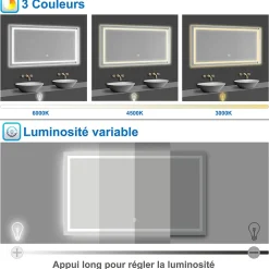 AICA Sanitaire Miroir de salle de bain 140x80cm Tri-color anti-buée LED avec mémoire et lumière gradation,