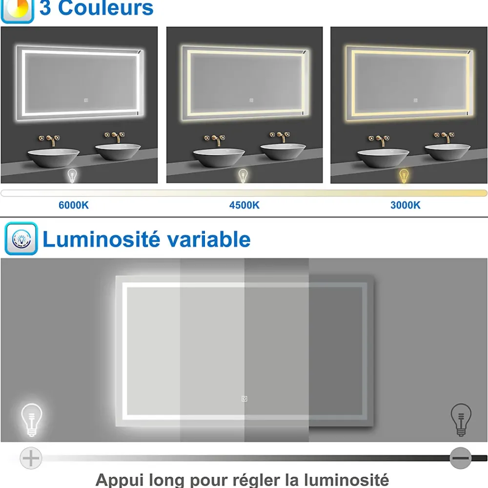 AICA Sanitaire Miroir de salle de bain 140x80cm Tri-color anti-buée LED avec mémoire et lumière gradation,
