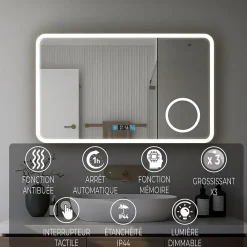 Miroir Grossissant Lumineux|Mon Beau bain Miroir de salle de bain 100x60cm avec horloge digitale et éclairage LED à couleur réglable (2700K/4600K/6500K)