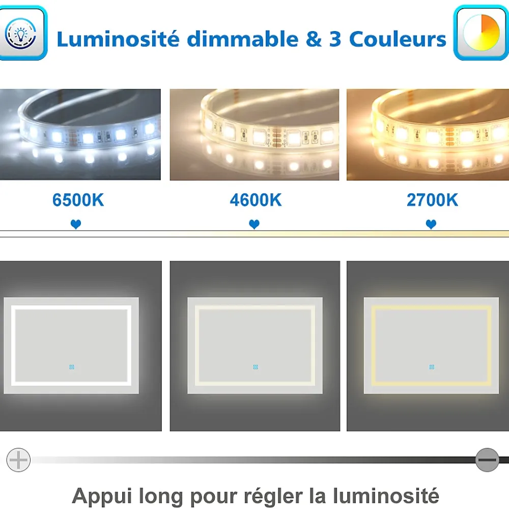 Miroir Lumineux|AICA Sanitaire Miroir de salle de bain 120x70cm Tri-color anti-buée LED avec mémoire et lumière gradation,