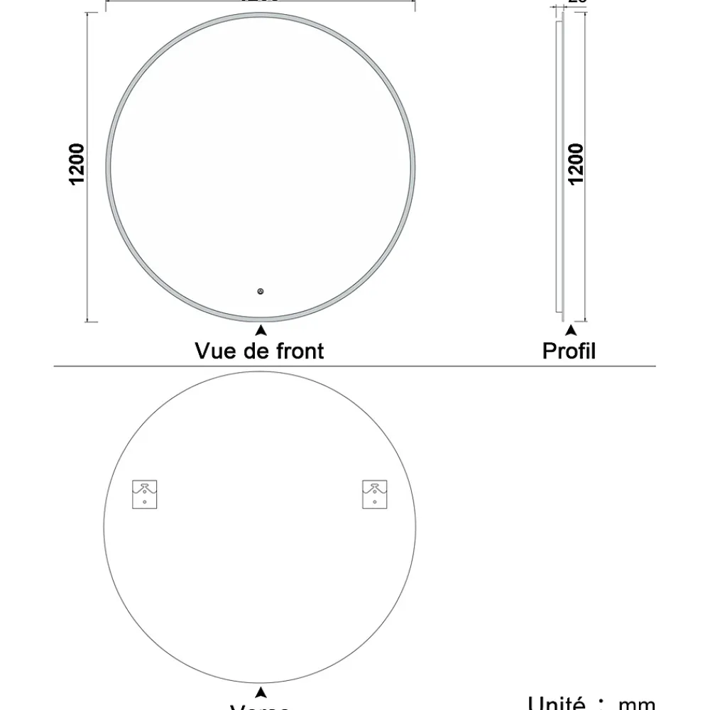 Miroir Lumineux|AICA Sanitaire Miroir de salle de bain 120x120cm LED Rond anti-buée et tactile de Salle de Bain monochrome,