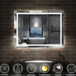 Miroir Lumineux|AICA Sanitaire Miroir de salle de bain 100x70cm Tri-color anti-buée LED avec mémoire et lumière gradation,