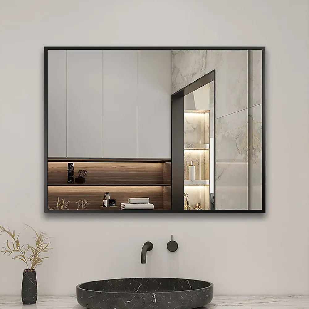 Miroir Simple|AICA Sanitaire Miroir de salle de bain 80x60cm Cadre carré miroir noir mat suspendu horizontalement et verticalement,