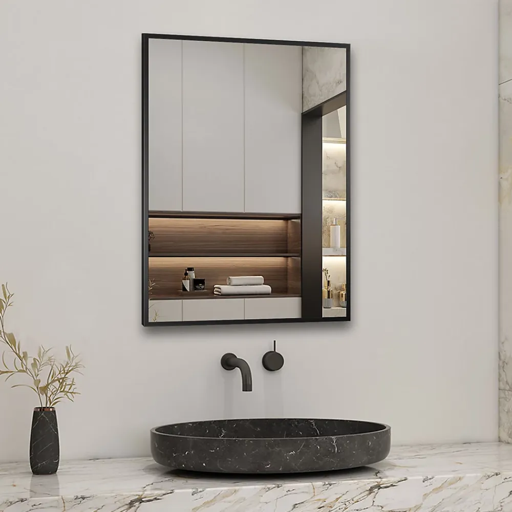 Miroir Simple|AICA Sanitaire Miroir de salle de bain 80x60cm Cadre carré miroir noir mat suspendu horizontalement et verticalement,