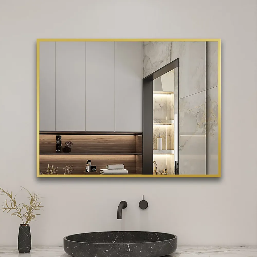 Miroir Simple|AICA Sanitaire Miroir de salle de bain 80x60cm Cadre carré miroir or mat suspendu, horizontalement et verticalement,