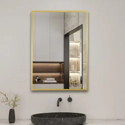Miroir Simple|AICA Sanitaire Miroir de salle de bain 80x60cm Cadre carré miroir or mat suspendu, horizontalement et verticalement,