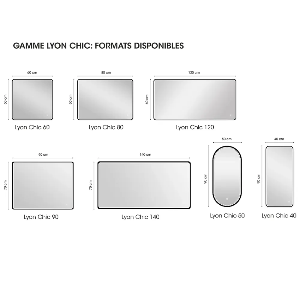 MPGlass Miroir de salle de bains lumineux LED noir 60 x 80 cm, Lyon Chic