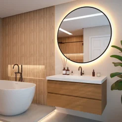 Miroir Lumineux|Mirlux Miroir de salle de bains lumineux LED rond 120cm, Cadre noir, Antibuée
