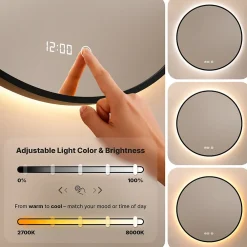 Miroir Lumineux|Mirlux Miroir de salle de bains lumineux LED rond 120cm, Cadre noir, Antibuée