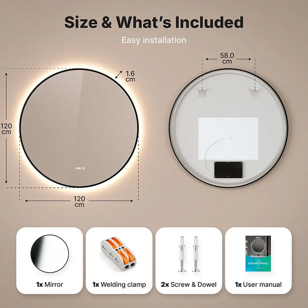Miroir Lumineux|Mirlux Miroir de salle de bains lumineux LED rond 120cm, Cadre noir, Antibuée