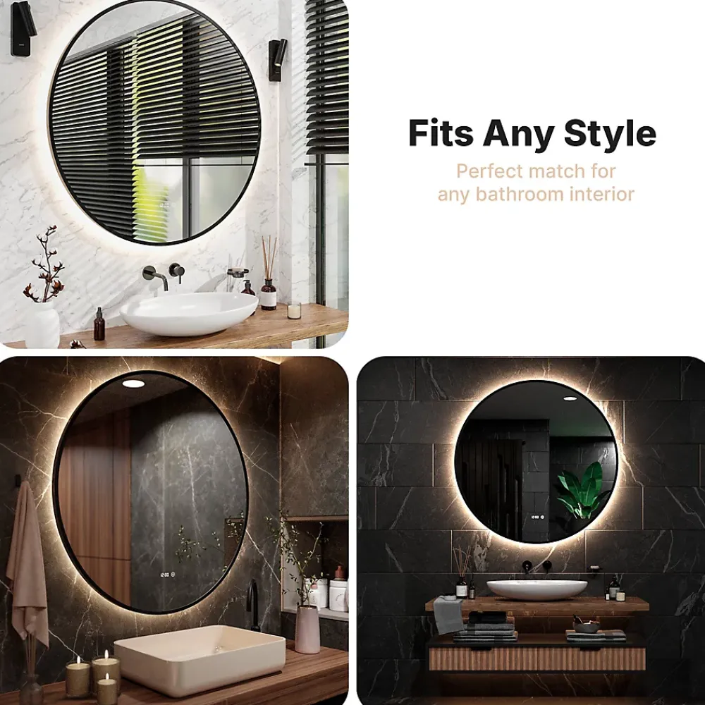 Miroir Lumineux|Mirlux Miroir de salle de bains lumineux LED rond 120cm, Cadre noir, Antibuée