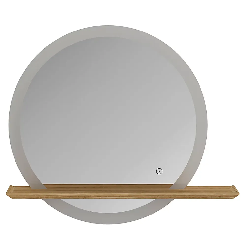 Miroir Lumineux|GoodHome Miroir de salle de bains lumineux LED rond avec tablette bois, Avela