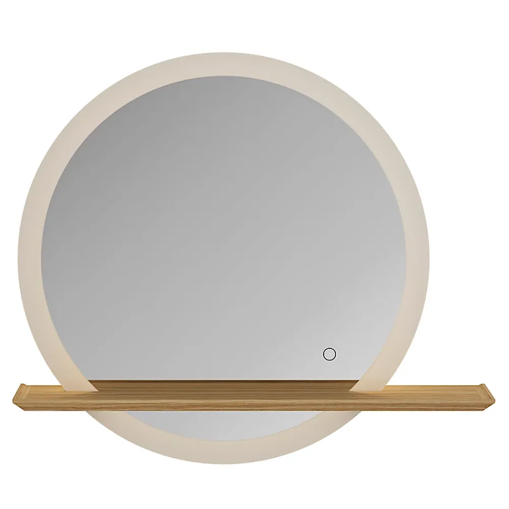 Miroir Lumineux|GoodHome Miroir de salle de bains lumineux LED rond avec tablette bois, Avela