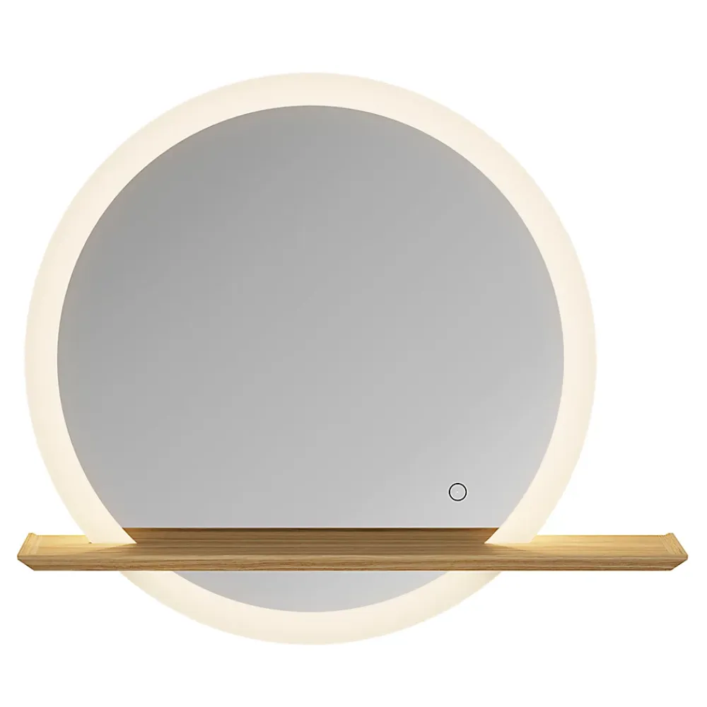 Miroir Lumineux|GoodHome Miroir de salle de bains lumineux LED rond avec tablette bois, Avela