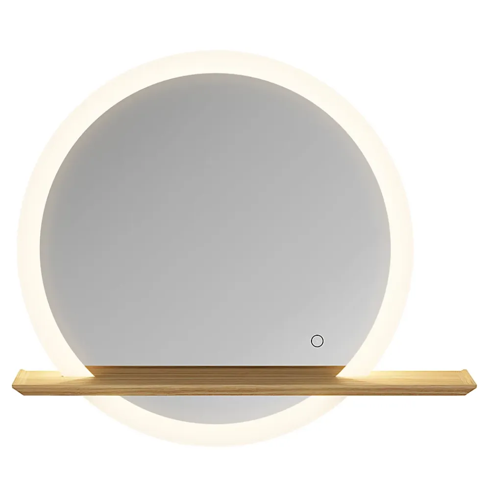 Miroir Lumineux|GoodHome Miroir de salle de bains lumineux LED rond avec tablette bois, Avela