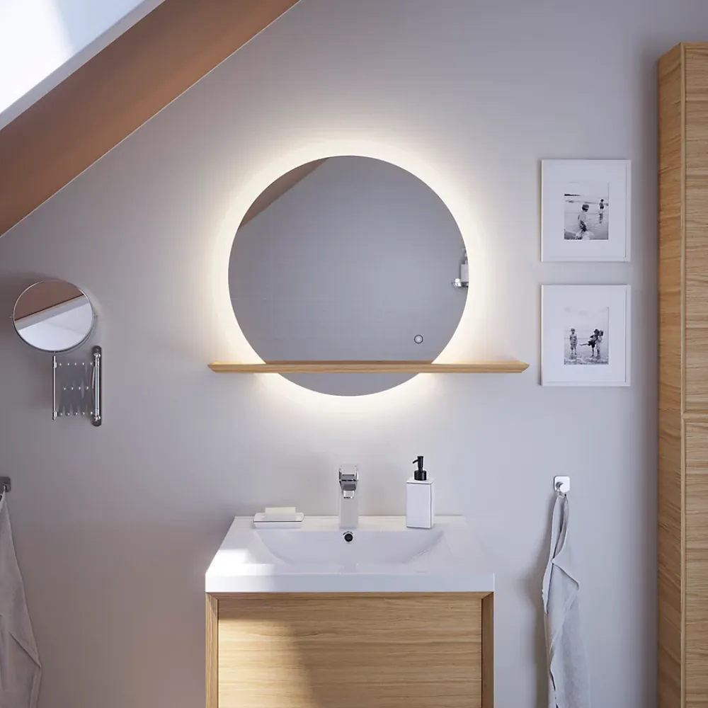 Miroir Lumineux|GoodHome Miroir de salle de bains lumineux LED rond avec tablette bois, Avela