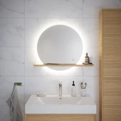 Miroir Lumineux|GoodHome Miroir de salle de bains lumineux LED rond avec tablette bois, Avela