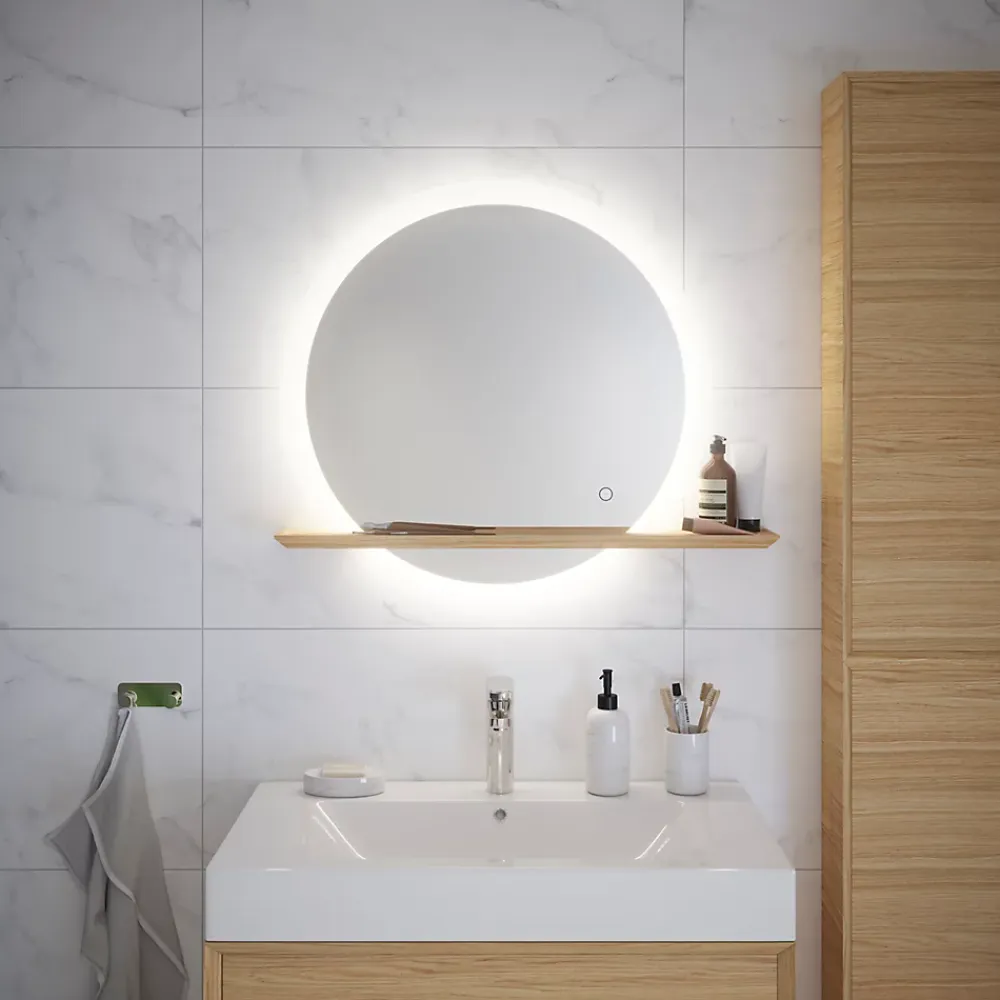 Miroir Lumineux|GoodHome Miroir de salle de bains lumineux LED rond avec tablette bois, Avela