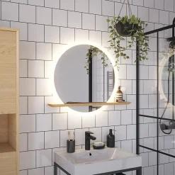 Miroir Lumineux|GoodHome Miroir de salle de bains lumineux LED rond avec tablette bois, Avela