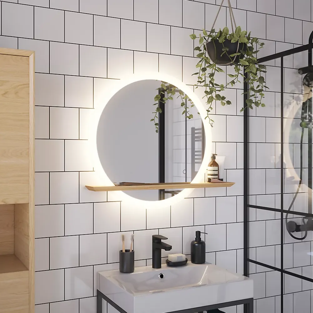 Miroir Lumineux|GoodHome Miroir de salle de bains lumineux LED rond avec tablette bois, Avela