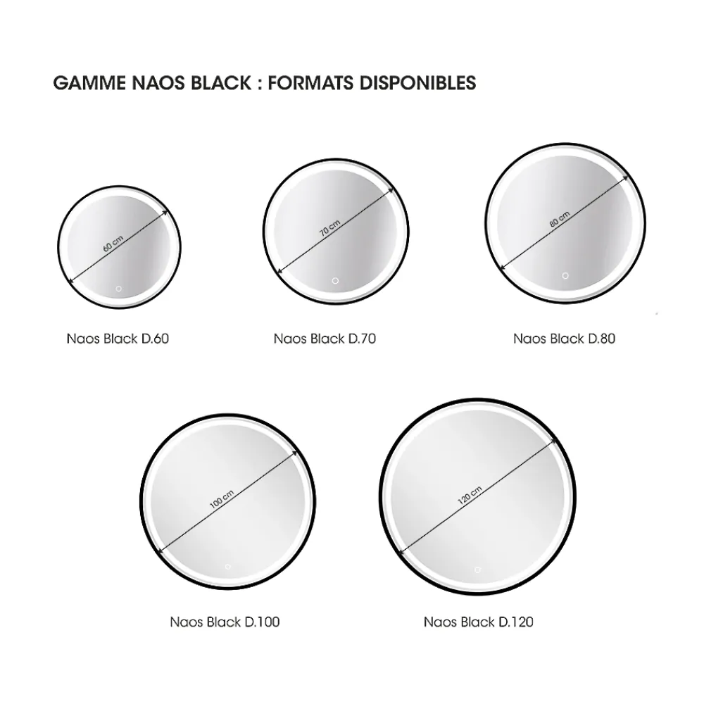 MPGlass Miroir de salle de bains lumineux LED noir rond Ø80, Naos Black