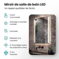 Mirlux Miroir de salle de bains lumineux LED rectangulaire 90x65 cm, Sans cadre, chauffant antibuée