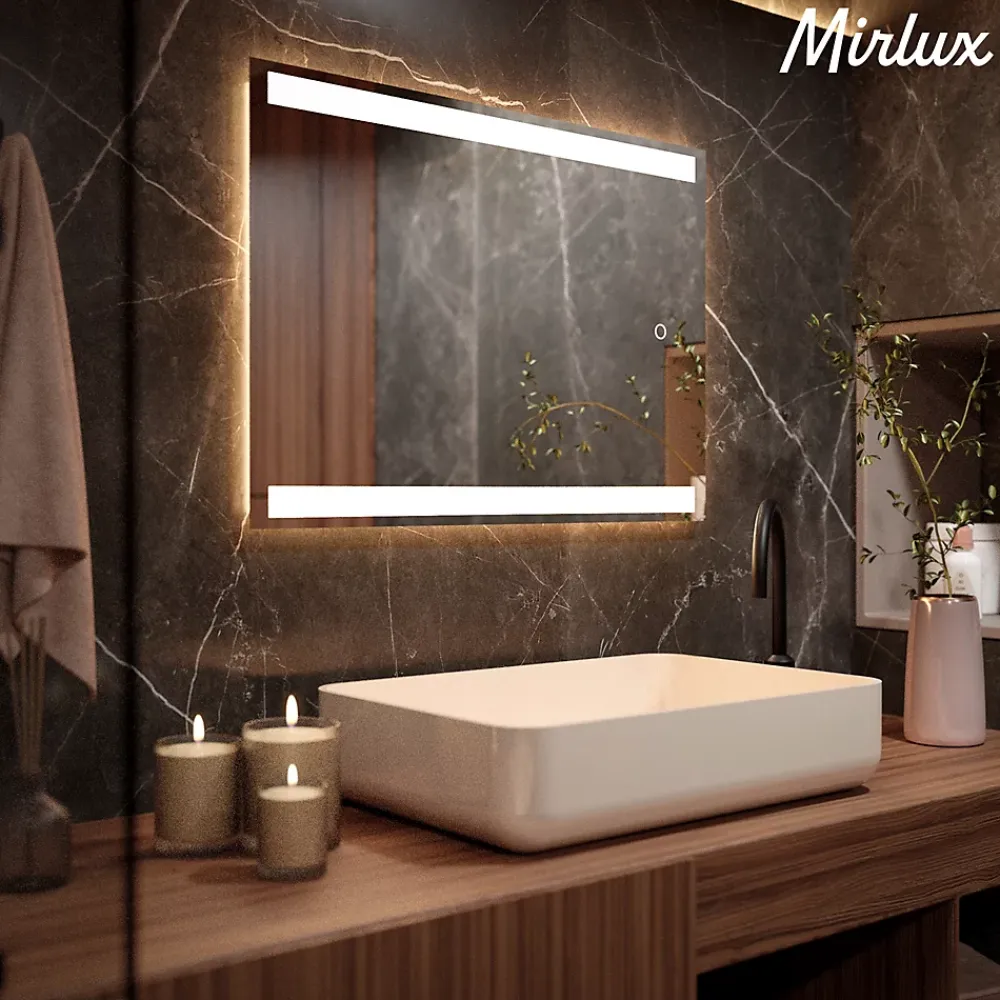 Mirlux Miroir de salle de bains lumineux LED rectangulaire 90x65 cm, Sans cadre, chauffant antibuée