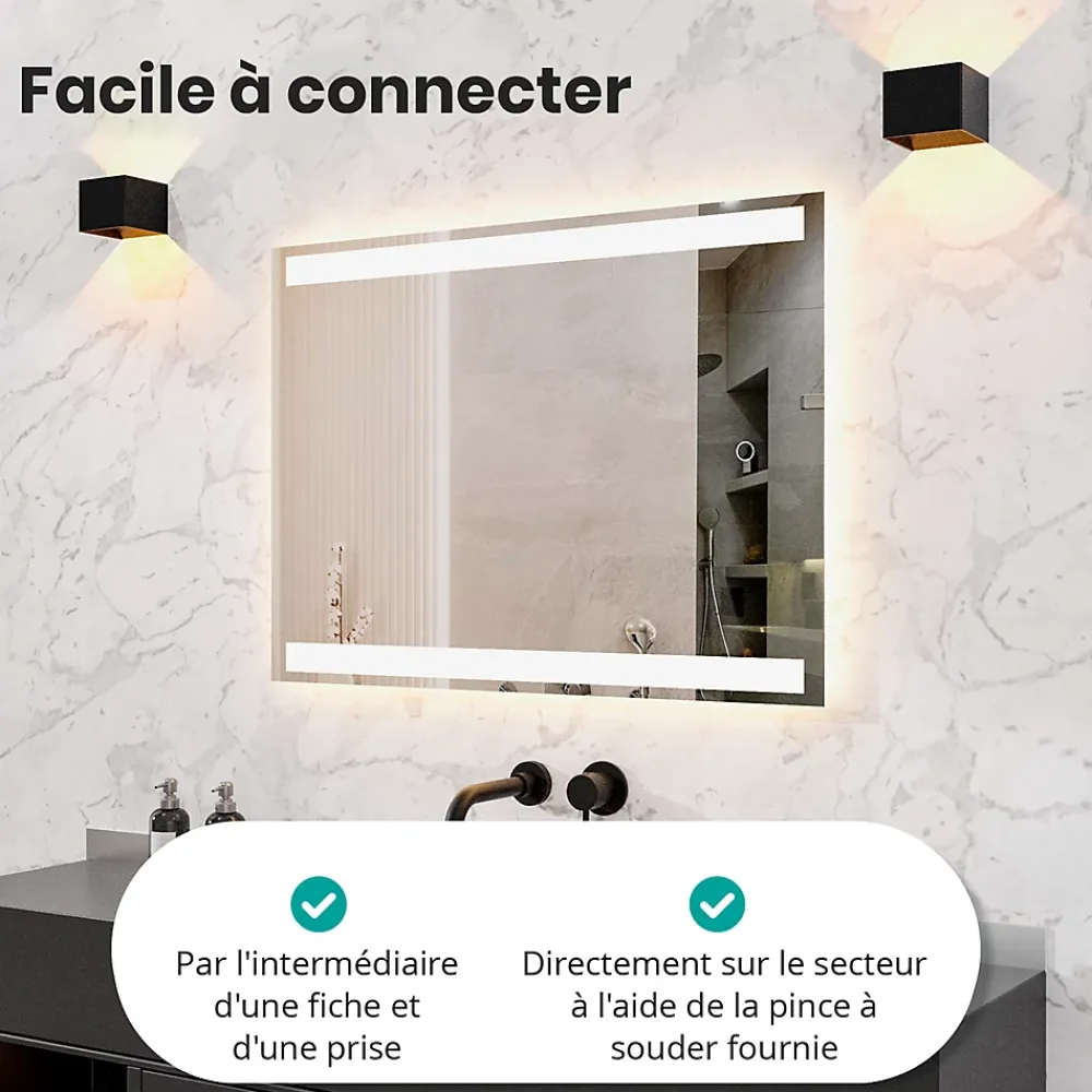 Mirlux Miroir de salle de bains lumineux LED rectangulaire 90x65 cm, Sans cadre, chauffant antibuée