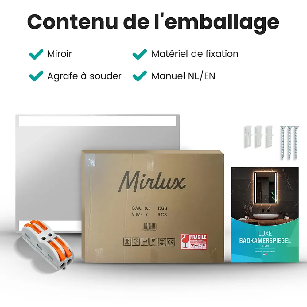 Mirlux Miroir de salle de bains lumineux LED rectangulaire 90x65 cm, Sans cadre, chauffant antibuée