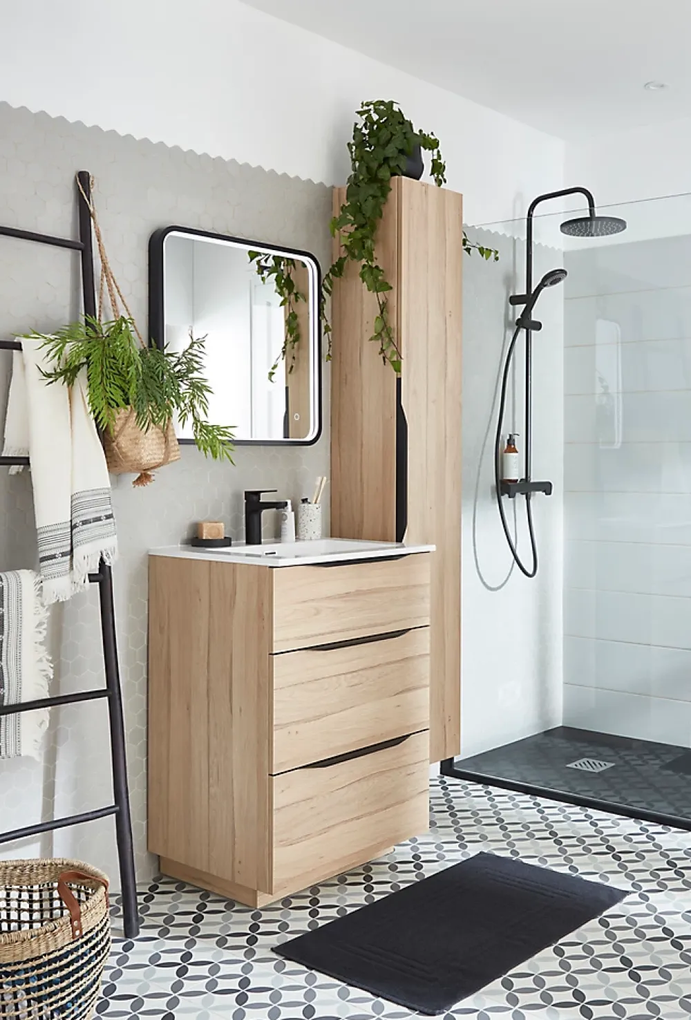 MPGlass Miroir de salle de bains lumineux LED noir 60 x 60 cm, Lyon Chic