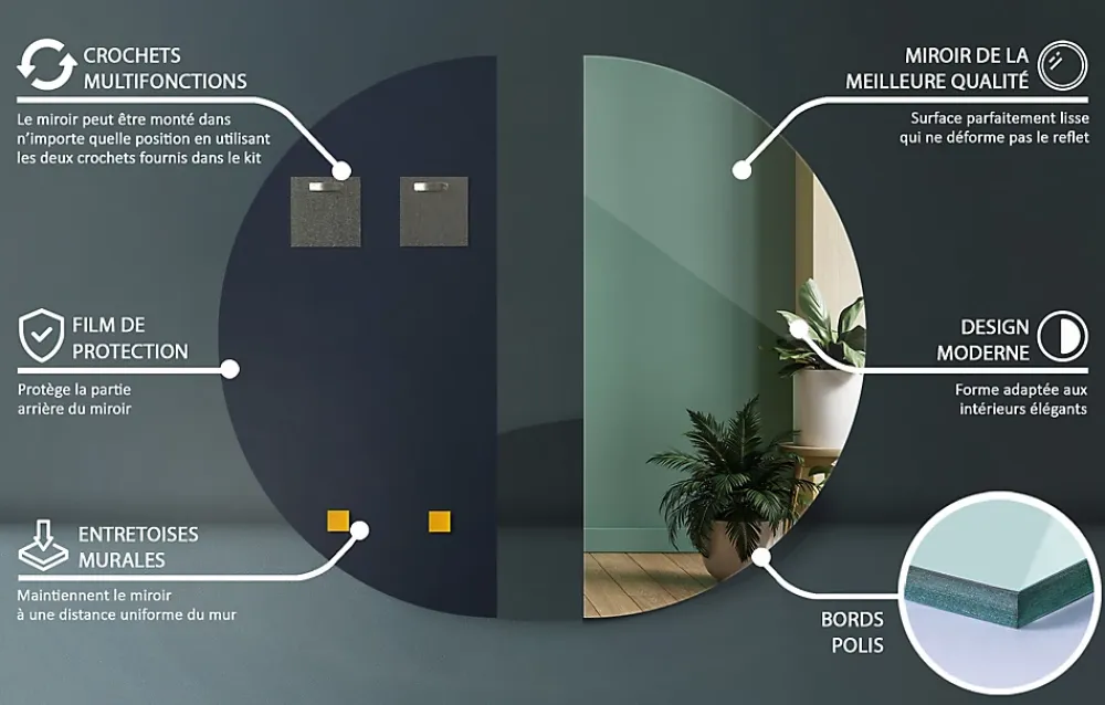 Tulup Miroir demi-rond pour maquillage 40 x 80 cm pour salle de bain 1 pièce