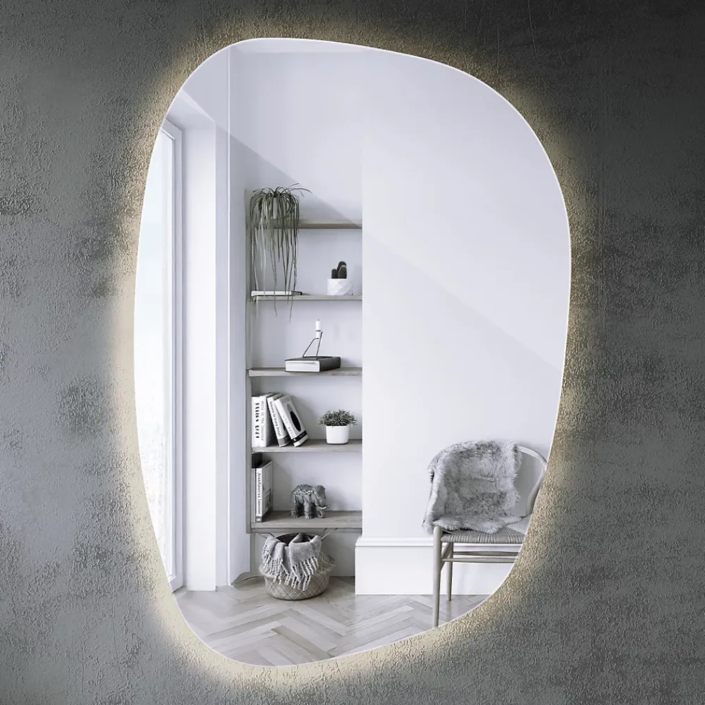Tulup Miroir forme originale lumineux 91 x 66 cm découpe biseautée lumière chaud