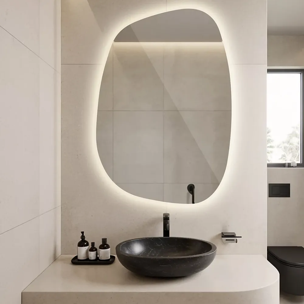 Tulup Miroir forme originale lumineux 91 x 66 cm découpe biseautée lumière chaud