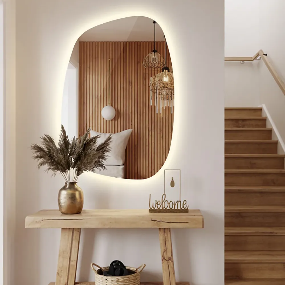 Tulup Miroir forme originale lumineux 91 x 66 cm découpe biseautée lumière chaud