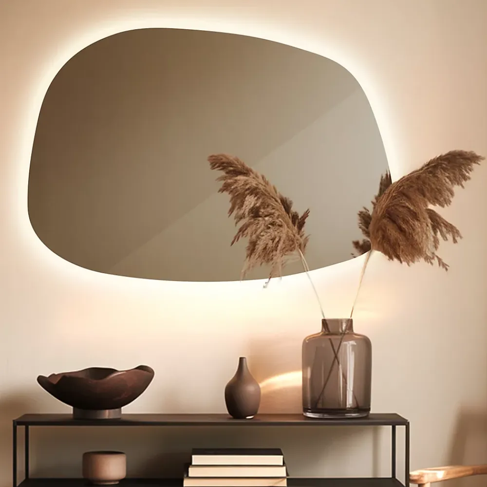 Tulup Miroir forme originale lumineux 91 x 66 cm découpe biseautée lumière chaud
