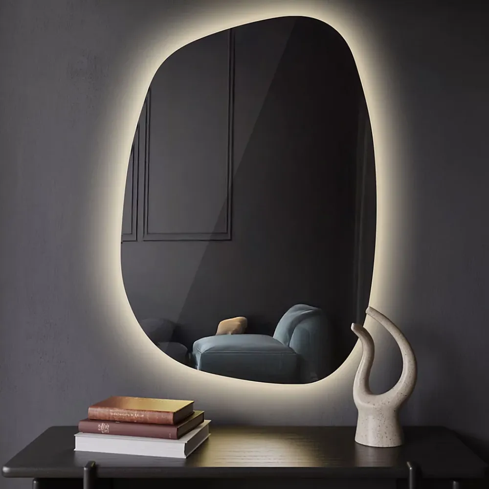 Tulup Miroir forme originale lumineux 91 x 66 cm découpe biseautée lumière chaud