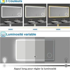 Saniland Miroir LED antibuée 140x80 avec zone grossissante X3 température de couleur réglable
