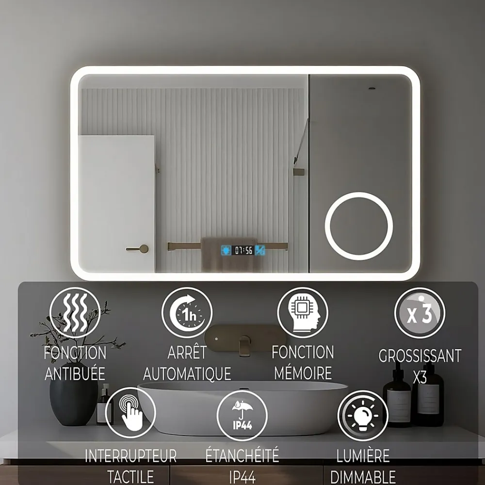 Miroir Grossissant Lumineux|Saniland Miroir LED antibuée 100x60 avec zone grossissante X3 température de couleur réglable