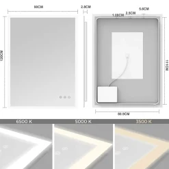 Miroir Lumineux|Saniverre Miroir LED lumineux TEMEO 90 x 120 cm (ou 120x90) antibuée + intensité 2100 lms & couleur réglables salle de bain -